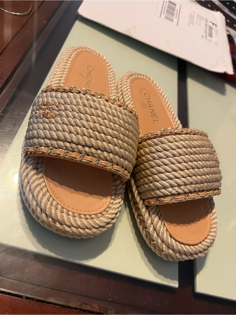 Beige Rope Slide Espadrilles with Gold Chain Trim